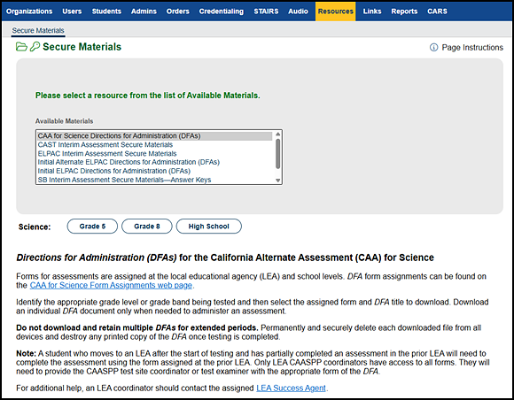 DFA options for the CAA for Science on the Secure Materials screen.