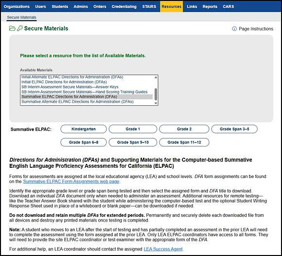 DFA options for the Summative ELPAC on the Secure Materials screen.