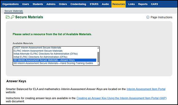 Interim Assessment Secure Materials—Answer Keys on the Secure Materials screen.