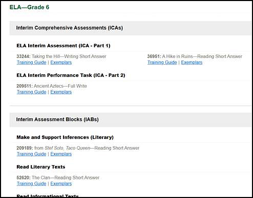 List of Interim Assessment Hand Scoring Training Guides and Exemplars on the Secure Materials screen.