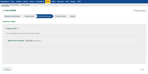 Select File to Upload section of Student Information progress step.