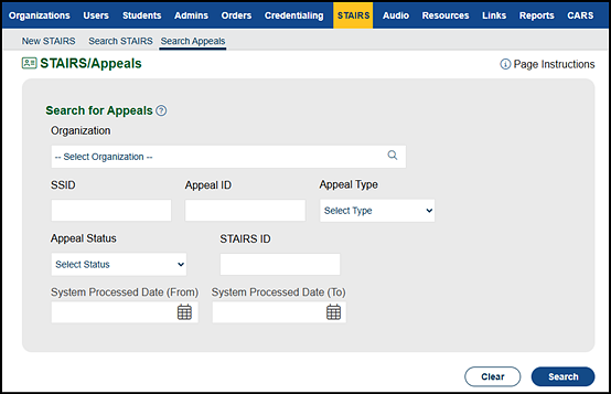 Search for Appeals screen.