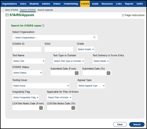 Search for STAIRS cases screen.