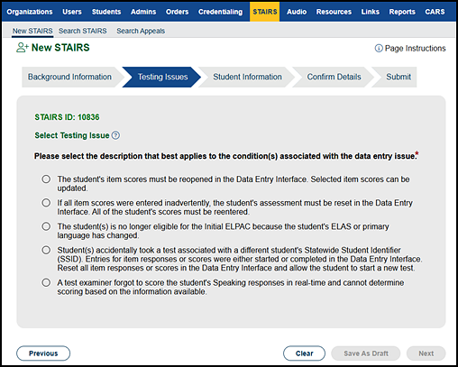 Second "Select Testing Issue" section.