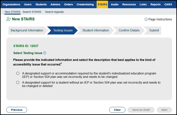 Second "Select Testing Issue" section.