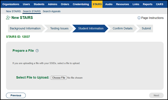 Select File to Upload section of Student Information progress step.