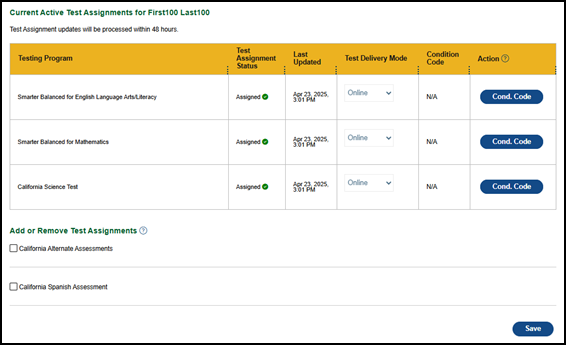 CAASPP Current Active Test Assignments table.