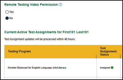 Remote Testing Video Permission radio button options with the No option selected.