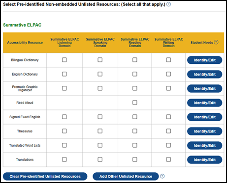 ELPAC Unlisted Resources Testing Program Selection table.