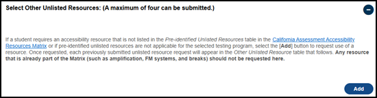 Select Other Unlisted Resources that directs the user to select the Add button to add a resource not already in the Matrix.