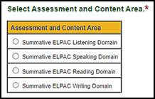 The 'Select Assessment and Content Area' section for Summative ELPAC.
