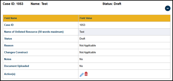 The Other Unlisted Resources table in Draft status.