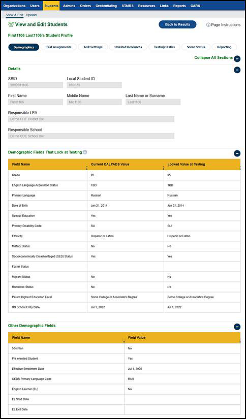 Student Demographics tab.