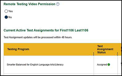 Remote Testing Video Permission radio button options with the No option selected.