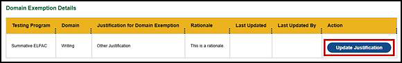 Domain Exemption Details table with the Update Justification button indicated.