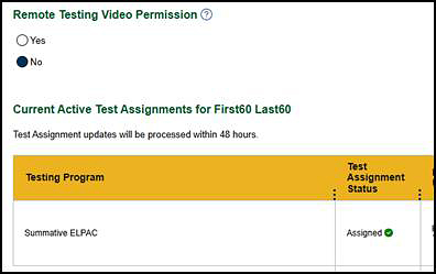 Remote Testing Video Permission radio button options with the Yes option selected.