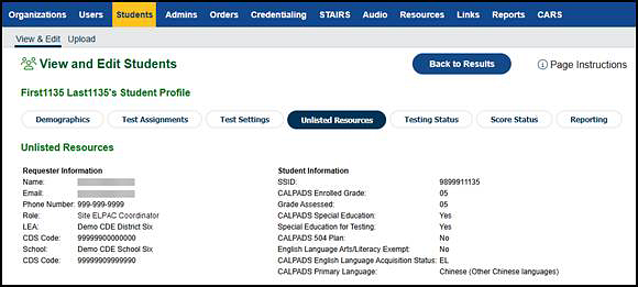 The top of the Unlisted Resources tab of the student's profile.