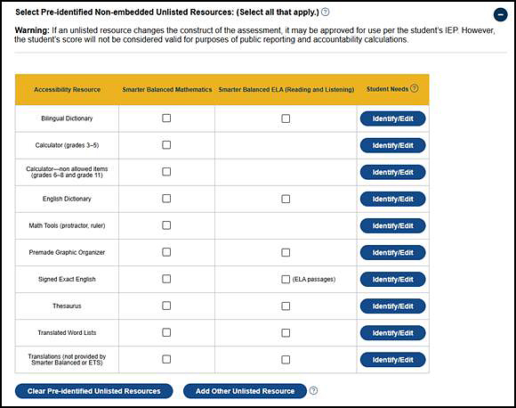 CAASPP Unlisted Resources Testing Program Selection table.