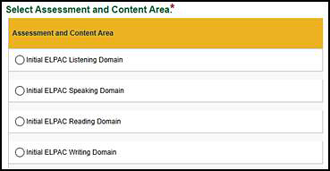 The Select Assessment and Content Area section for Initial ELPAC.