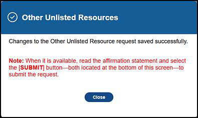 Other Unlisted Resources information message that indicates that the request saved successfully.