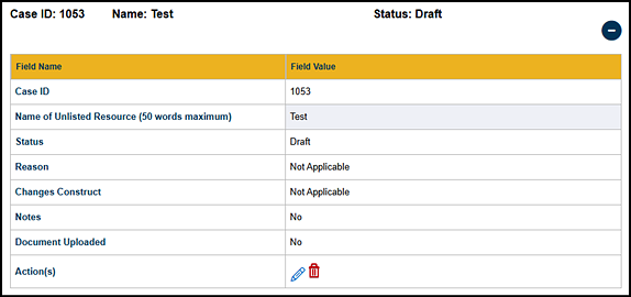 The Other Unlisted Resources table in Draft status.