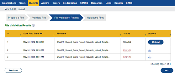 File Validation Results progress step.