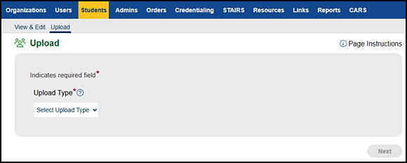 Upload screen in the Students navigation tab.