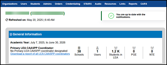 Missing primary coordinator designation message on the MyTOMS Home screen.