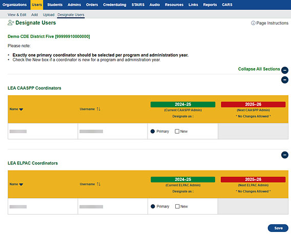 Designate Users screen when no LEA coordinators have been assigned for organization.