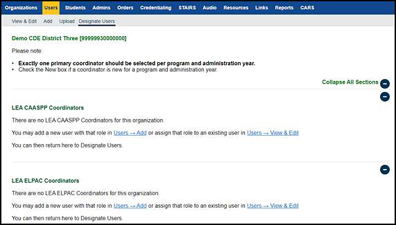 Designate Users screen when no LEA coordinators have been assigned for organization.