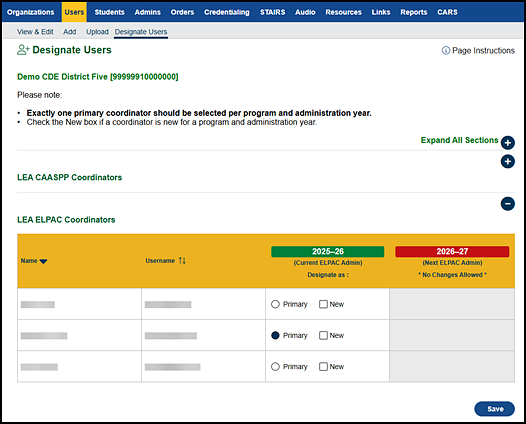 Designate Users screen when no LEA coordinators have been assigned for organization.