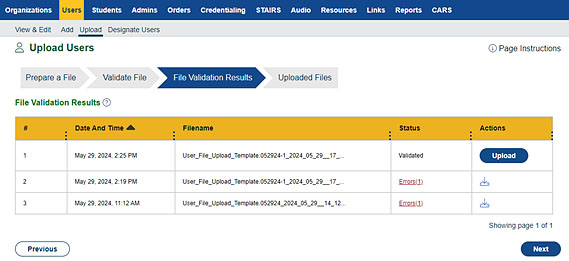 File Validation Results progress step.