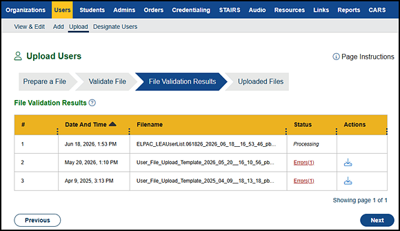 File Validation Results progress step.