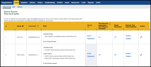 View and Edit Users—Search Results page.