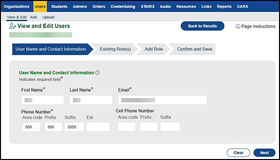 User Name and Contact Information progress step.