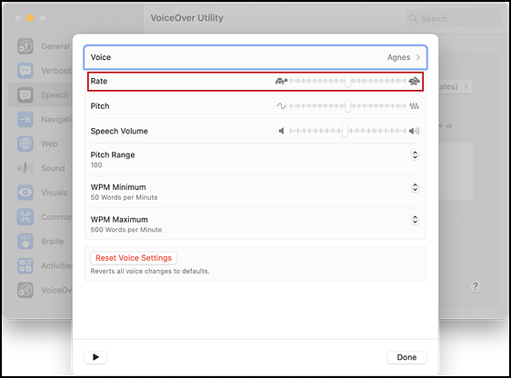 Voice settings with the Rate slider indicated.