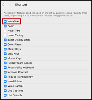 Accessibility section of System Settings interface with the VoiceOver checkbox in the Shortcut panel indicated.