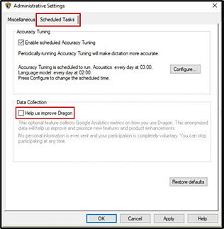 Dragon Options window open to the schedule tasks tab, indicated; with the Help us improve Dragon checkbox unchecked and indicated.